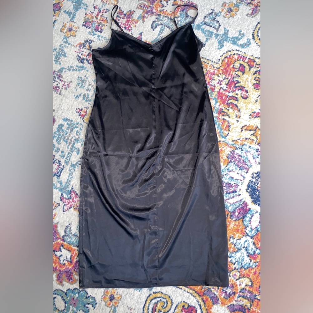 Black satin wedding guest dress